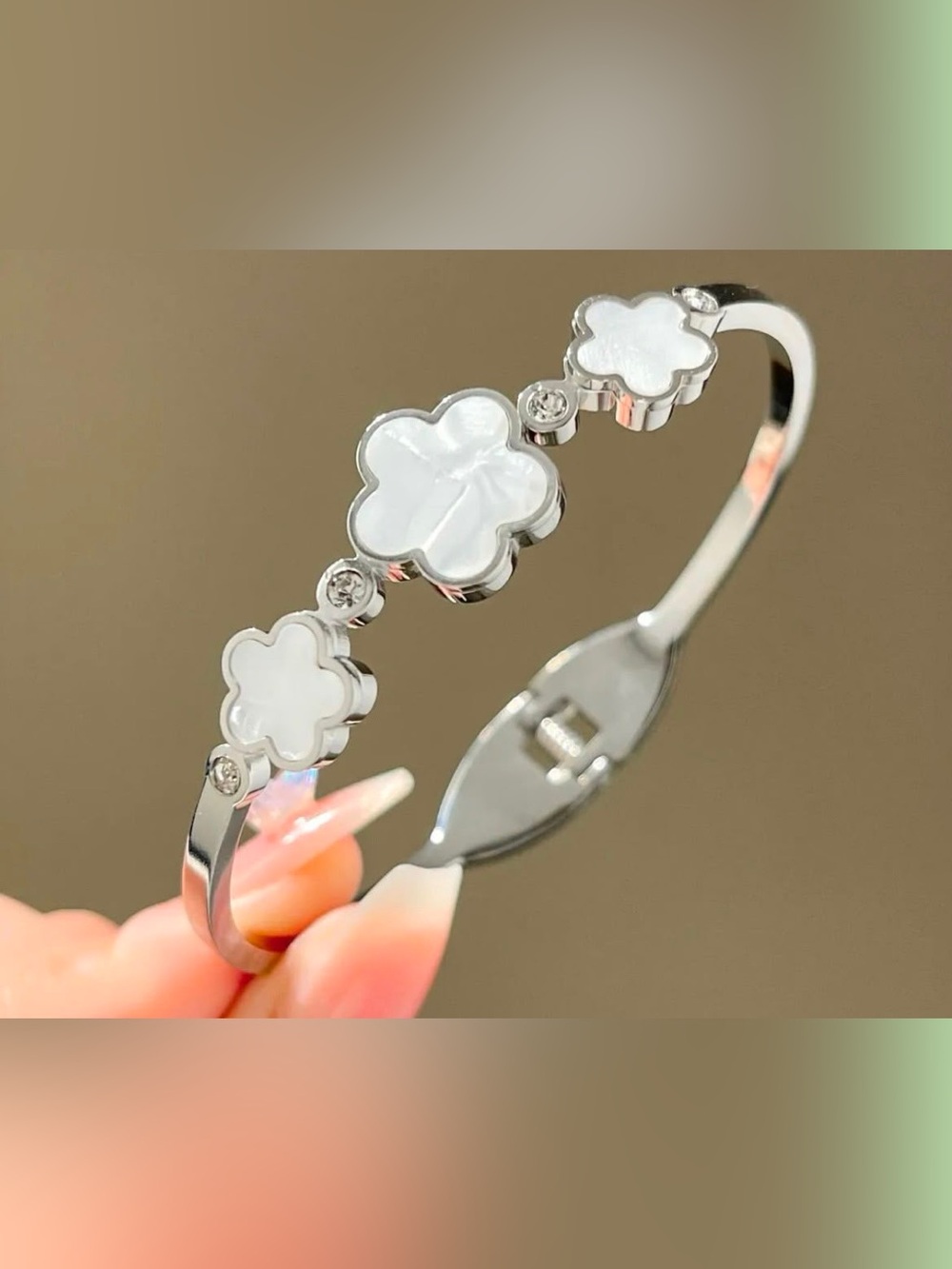 White Flower Motif Stainless Bangle Bracelet
